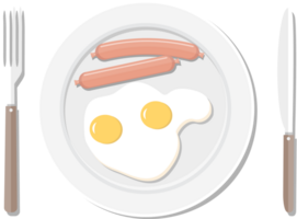 Plate, fork and knife. Eggs and sausages png