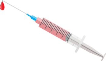 Medical plastic syringe with red liquid. png