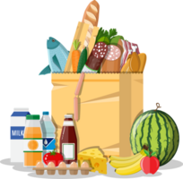 Paper shopping bag full of groceries products png