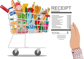 Shopping cart with food and drinks, receipt png