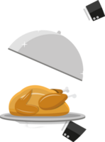 Waiter hand with silver cloche and roasted chicken png