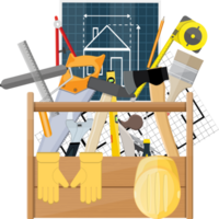 Carpentry instruments in wooden toolbox png