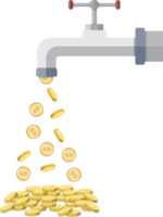 Golden coins fall out of the metal tap png