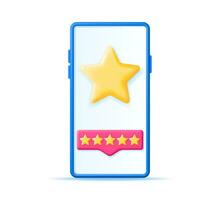 3D Smartphone with Customer Feedback Isolated. Reviews Toy Round Star in Phone Realistic Render. Testimonials, Rating, Feedback, Survey, Quality and Review. Achievements or Goal. Vector Illustration