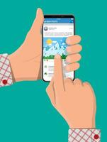 Social network interface app on smartphone screen in hand. News post frames pages on mobile device. Users comment on photo. Social resources application mock up. Vector illustration in flat style