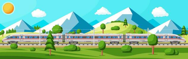 alto velocidad tren y verano paisaje con montañas. súper simplificado tren. pasajero Rápido ferrocarril locomotora. ferrocarril público transporte. rápido transporte concepto. plano vector ilustración