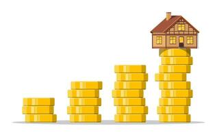 Residental house building on top of pile of gold coins growing up. Saving money for home. Real estate investment. Growth, income, savings. Vector illustration in flat style