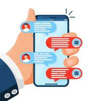 Chatting on Smartphone with Chat Bot Robot Isolated. Man Chatting with Chatbot on Phone. Chat Messages Notification on Screen. AI Chatbot, Support, Customer Service concept. Flat Vector Illustration