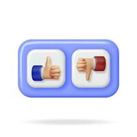 3D Thumbs Up and Thumbs Down Hands Gestures Button Isolated. Render Like and Dislike Hand Symbols. Customer Rating or Vote Icons. Cartoon Fingers Gestures. Vector Illustration