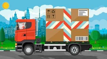 Delivery van with big cardboard box at cityscape background. Express delivering services commercial truck. Concept of fast free delivery by car. Cargo and logistic. Cartoon flat vector illustration