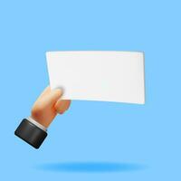 3D Hand Holding Blank Paper Isolated. Render Empty Paper Sheet in Hand. Label or Tag. Empty Business Card. Visit Card Template. Advertising, Marketing, Presentation or Promotion. Vector Illustration