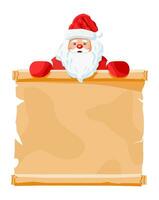 Funny santa claus character greeting. Santa head and empty scroll for your text. Happy new year decoration. Merry christmas holiday. New year and xmas celebration. Vector illustration in flat style