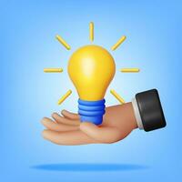 3D Light Bulb in Hand Isolated. Render Cartoon Yellow Idea Bulb Icon. Glass Lightbulb Symbol. Creative Idea Inspiration. Brainstorming Development. Business Solution Startup. Vector Illustration