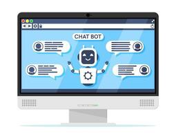 Computer with Chat Bot Speak in Bubble on Screen. Robot with Speech Window. Chatbot Greets. Online Support Bot. Artificial Intelligence, AI Helper Service, Support Assistant. Flat Vector Illustration