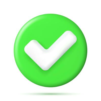 3D Right Button in Circle Shape. Green Yes or Correct Sign Render. Green Checkmark Tick Represents Confirmation. Right Choice Concept. Agreement, Approval or Trust Symbol. Vector Illustration