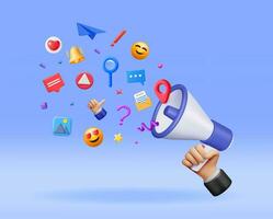 3D Megaphone with Flying Social Media Icons. Render Like, Image, Message and Video Sign and Loudspeaker. Chat, Image, Video Social Network Symbols Concept. Vector Illustration