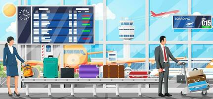 Airport Security Scanner Interior. Conveyor Belt with Passenger Luggage. Baggage Carousel Scan with People. Package X-ray Baggage. Security, Logistic and Delivery. Cartoon Flat Vector Illustration