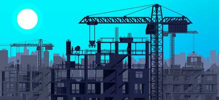 Construction Site Banner Silhouette Landscape. Rooftop, Workers, Concrete Piles, Tower Crane. Under Construction Design Background. Building Materials and Equipment. Cartoon Flat Vector Illustration