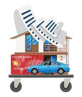 Shopping Cart with Goods, Cost of Living, Expenses. Debt, Credit. Metal Trolley on Wheels with House Building, Car, Bank Card and Receipt Check. Vector Illustration in Flat Style