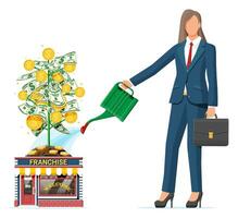 Successful franchise business with money tree. Franchising shop building or commercial property and people. Real estate business promotional, sme. Selling buying new business. Flat vector illustration