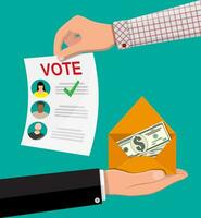 Voter and politician agreement. Voting ballot and envelope with money. Selling vote for election. Deal of election frauds. Bribe and corruption in election. Vector illustration in flat style