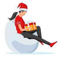 Woman Sitting in Bean Bag Holding Gift Box. Female Character with Christmas Present. Happy New Year Decoration. Merry Christmas Holiday. New Year and Xmas Celebration. Flat Vector Illustration