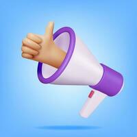 3D Hand Like Symbol in Megaphone Isolated. Render Plastic Megaphone Realistic. Modern Bullhorn or Loudspeaker, Social Media. Announcement Message, Marketing, Job, Attention. Vector Illustration