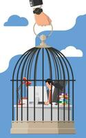 Businessman working on computer in the bird cage. Overworked business man in jail. Stress at work. Bureaucracy, paperwork, deadline and paperwork. Vector illustration in flat style