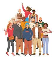 Diverse Multicultural and Multiracial People Group. Man and Woman in Trendy Outfit Standing Together. People with Different Hairstyles and Ethnicities in Casual Clothes. Flat Vector Illustration