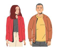 mujer en chaqueta de sport y hombre en chaqueta aislado. Moda niña en pantalones. de moda hombre en casual ropa. de moda estilo de vida. elegante Pareja icono. plano vector ilustración