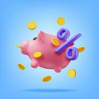 3D Piggy Bank with Coins and Percent Isolated. Render Plastic Piggy Bank for Money. Moneybox in Form of Pig. Concept of Cash Money, Business Deposit Investment, Financial Savings. Vector Illustration