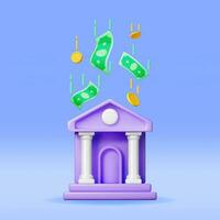 3d banco edificio y efectivo dinero. hacer financiero casa icono. construcción con columnas en antiguo diseño. dinero depositar y retiro, financiero actas Servicio bancario. vector ilustración