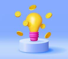 3D Light Bulb with Golden Coins on Podium. Render Yellow Idea Bulb Makes Money. Glass Lightbulb Symbol. Creative Idea Inspiration. Brainstorming Development. Business Startup. Vector Illustration