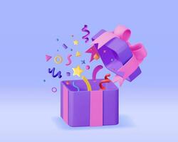 3D Open Gift Box With Falling Confetti. Render Present Box Surprice. Christmas. New Year Sale, Shopping. Present Box with Bows Ribbons. Giftbox for Valentine, Birthday and Holiday. Vector Illustration