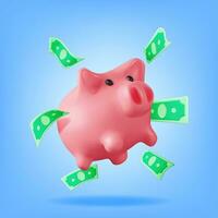 3D Piggy Bank with Dollars Rain Isolated. Render Plastic Piggy Bank for Money. Moneybox in Form of Pig. Concept of Cash Money, Business Deposit Investment, Financial Savings. Vector Illustration