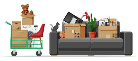 Moving to new house. Family relocated to new home. Sofa with paper cardboard boxes with various household items. Package for transportation. Barrow, lamp. Vector illustration in flat style