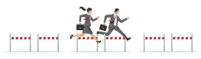 Business man and woman competing in steeplechase race. Businesswoman and businessman jumping over barrier. Financial crisis. Risk management challenge. Achievement and goal. Flat vector illustration