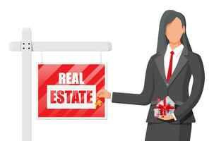 Suburban house, businesswoman or realtor holding key. Wooden placard with real estate sign. Mortgage, property and investment. Buy sell or rent realty. Flat vector illustration