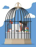 Businessman working on computer in the bird cage. Overworked business man in jail. Stress at work. Bureaucracy, paperwork, deadline and paperwork. Vector illustration in flat style