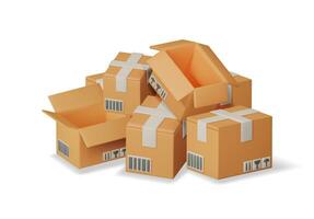 3D Stack of Cardboard Boxes Isolated. Render Heap Post Parcel in Craft Paper. Postal Signs of Fragile. Carton Cargo Delivery Packaging Box. Transportation and Logistics. Vector Illustration