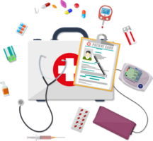 First aid kit with pills and medical devices png