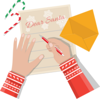 Child hand with pen writing letter to santa claus png