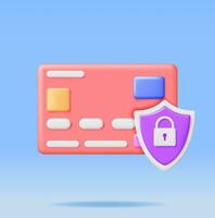 3D Bank or Credit Card with Padlock Isolated. Safe Payment System with Chip. Render Padlock and Plastic Card. Safety Payments Concept. Secure Payments, Money Under Protection. Vector Illustration