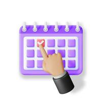 3D Hand Putting Check Mark on Calendar Isolated. Render Calendar Icon. Schedule, Appointment, Organizer, Timesheet, Important Date. Time Management Concept. Minimal Vector Illustration