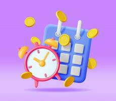 3d reloj, calendario y dorado monedas aislado. hacer hora es dinero concepto. anual ganancia, financiero inversión, ahorros, banco depósito, futuro ingreso, negocio dinero beneficio. vector ilustración