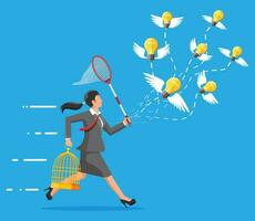 Businesswoman trying to catch idea light bulbs with wings and to put them in cage. Creative idea or inspiration, business start up. Glass bulb with spiral and wings in flat style. Vector illustration