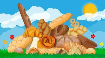Big bread icons set. Nature grass flowers cloud and sun. Whole grain, wheat and rye bread, toast, pretzel, ciabatta, croissant, bagel, french baguette, cinnamon bun. Vector illustration in flat style