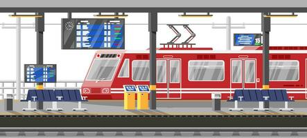 Modern Railway Station with High Speed Train and Platform with Schedule. Super Streamlined Train. Passenger Express Railway Locomotive. Railroad Public Transportation Subway. Flat Vector Illustration