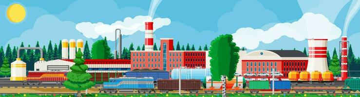 Industrial Landscape Of Cargo Rail Transportation With Plant And Fuming Pipes. Factory Building. Pipes, Buildings, Warehouse, Freight Railway Station. Cityscape Urban Skyline. Flat Vector Illustration