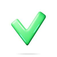 3D Right Button Shape. Green Yes or Correct Sign Render. Green Checkmark Tick Represents Confirmation. Right Choice Concept. Agreement, Approval or Trust Symbol. Vector Illustration